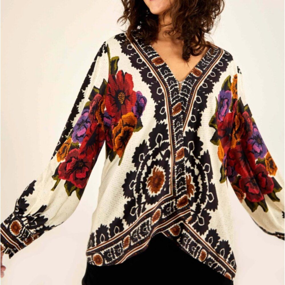 FARM Rio Cream Floral V-Neck Blouse with Red, Purple & Orange Accents